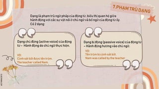 SLIDESMANIA.COM
Dạng là phạm trù ngữ pháp của động từ, biểu thị quan hệ giữa
hành động với các sự vật nói ở chủ ngữ và bổ ngữ của động từ ấy.
Có 2 dạng:
Dạng chủ động (active voice) của động
từ - Hành động do chủ ngữ thực hiện.
Dạng bị động (passivevoice) của động từ
– Hành động hướng vào chủ ngữ.
VD:
Cảnh sát bắt được tên trộm.
The teacher called Nam.
VD:
Tên trộm bị cảnh sát bắt.
Nam was called by the teacher
 