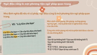 SLIDESMANIA.COM
Ngữ điệu cũng là một phương tiện ngữ pháp quan trọng
Như định nghĩa đã nêu về cú pháp, ngữ điệu cũng là một phương tiện ngữ pháp quan
trọng.
Nhờ cách nhấn giọng, lên giọng, xuống giọng,
ngừng nghỉ… mà ta phân biệt 3 nghĩa khác nhau
của câu trên.
Cũng nhờ nhấn giọng mà mà ta phân biệt được câu hỏi
và câu khẳng định:
VD1:
Sao tôi lại không biết ? (tại sao tôi không biết ?)
Sao tôi lại không biết ! (tôi biết)
VD2:
학생 이에요 . (tôi là học sinh)
학생 이에요? (bạn là học sinh sao ?)
 