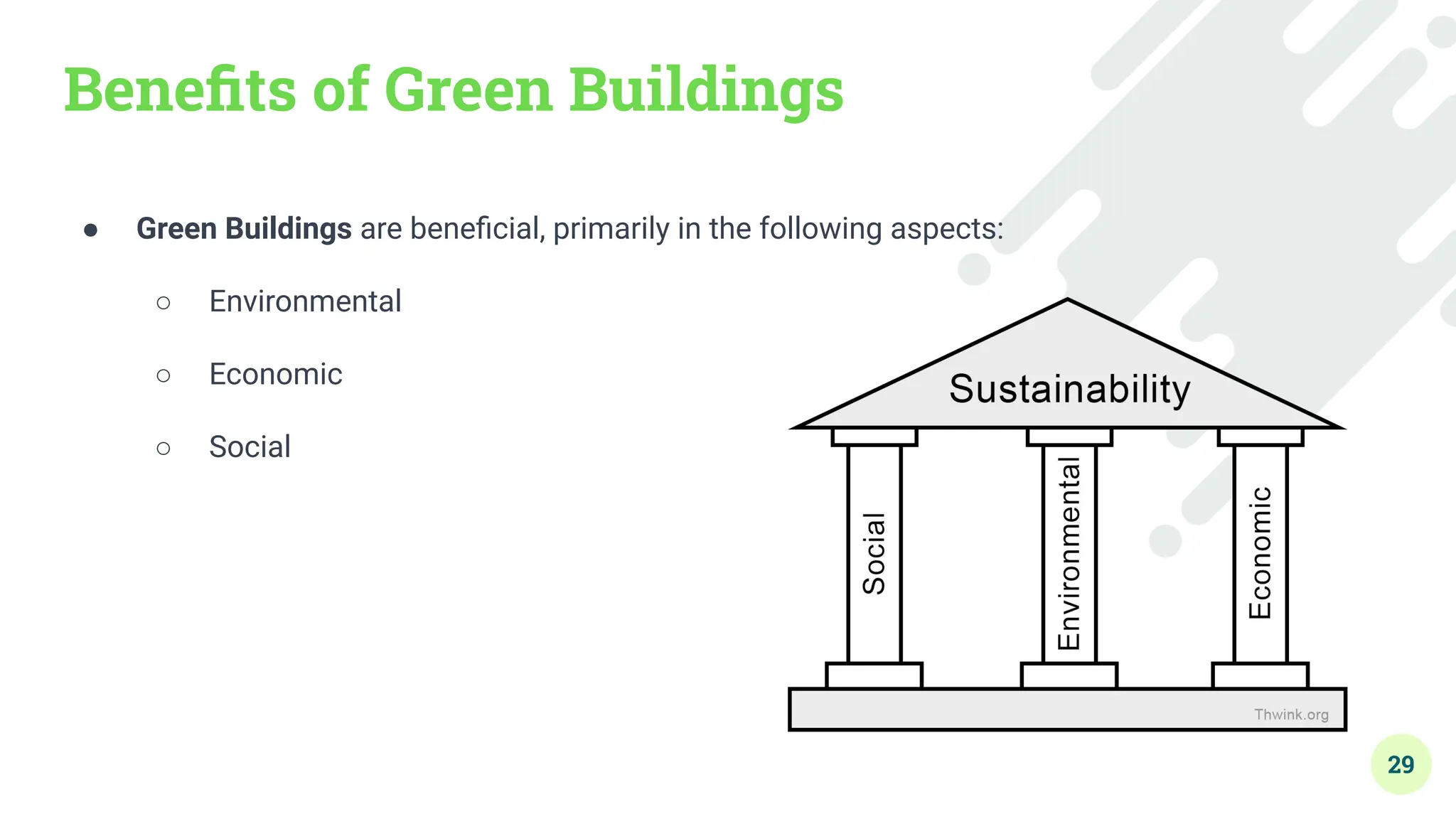 Beneﬁts of Green Buildings
● Green Buildings are beneﬁcial, primarily in the following aspects:
○ Environmental
○ Economic
○ Social
29
 