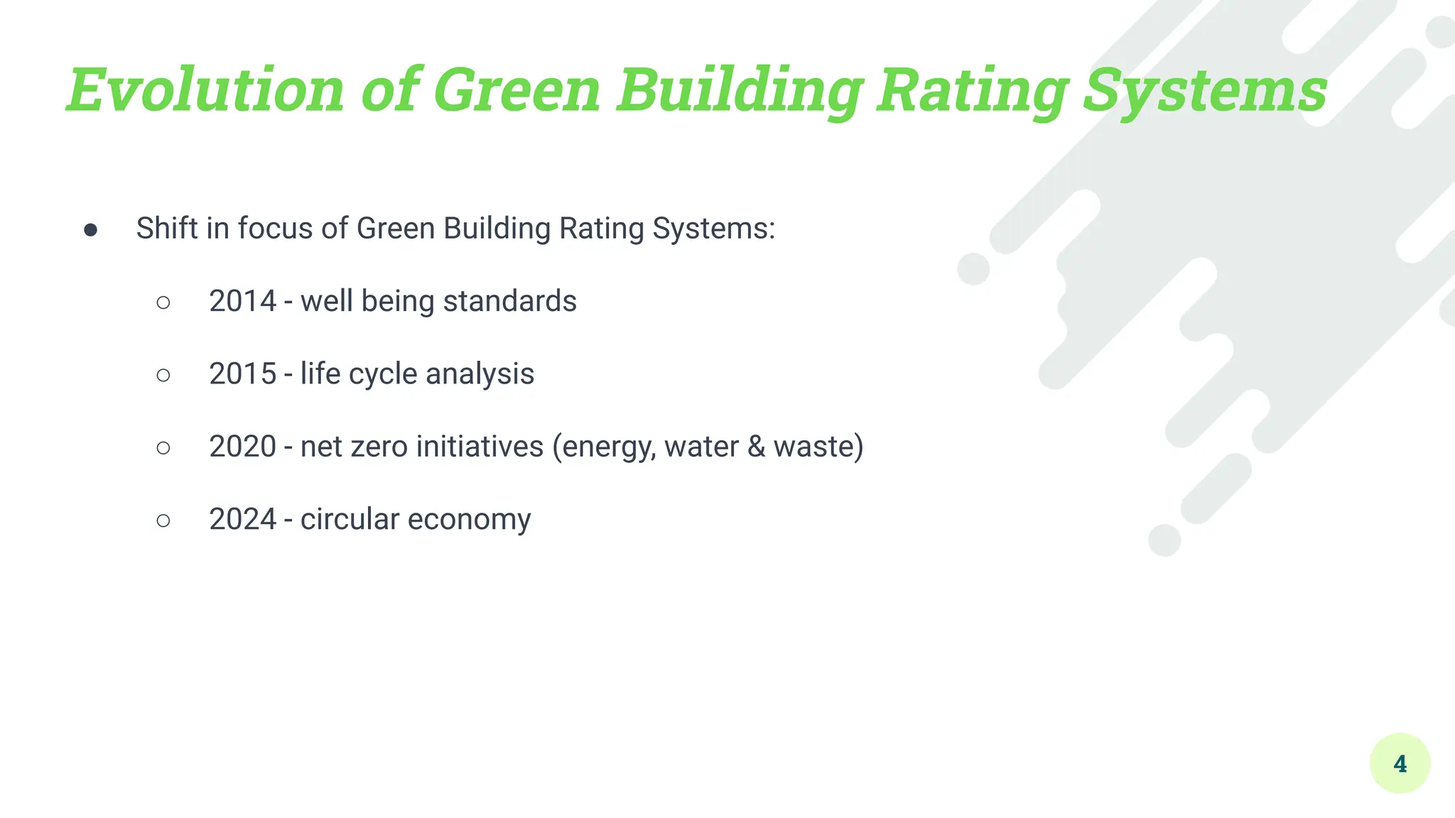 Evolution of Green Building Rating Systems
● Shift in focus of Green Building Rating Systems:
○ 2014 - well being standards
○ 2015 - life cycle analysis
○ 2020 - net zero initiatives (energy, water & waste)
○ 2024 - circular economy
4
 