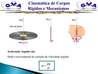 Cinemática de Corpos
Rígidos e Mecanismos
Aceleração Angular (α)
Mede a taxa temporal de variação da velocidade angular.
dt
dω
=α
 