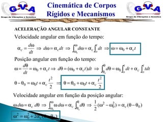 Cinemática de Corpos
Rígidos e Mecanismos
ACELERAÇÃO ANGULAR CONSTANTE
tdtddtd
dt
d
c
t
occc α+ω=ω⇒α=ω⇒α=ω⇒
ω
=α ∫∫
ω
ω 0
0
Velocidade angular em função do tempo:
Posição angular em função do tempo:
22
)(
2
00
2
00
000
0
t
t
t
t
tdtdtddttdt
dt
d
cc
t
oc
t
occ
α+ω+θ=θ⇒α+ω=θ−θ
α+ω=θ⇒α+ω=θ⇒α+ω=
θ
=ω ∫∫∫
θ
θ
Velocidade angular em função da posição angular:
)(2
)()(
2
1
0
2
0
2
0
2
0
2
00
θ−θα+ω=ω
θ−θα=ω−ω⇒θα=ωω⇒θα=ωω ∫∫
θ
θ
ω
ω
c
ccc dddd
 
