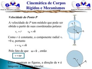 Cinemática de Corpos
Rígidos e Mecanismos
Velocidade do Ponto P
A velocidade de P tem módulo que pode ser
obtido a partir de suas coordenadas polares
θ== θ
 rvrvr
Como r é constante, a componente radial vr
=0 e, portanto
θ== θ
rvv
Pelo fato de que , entãoθ=ω 
rv ω=
Como mostram as figuras, a direção de v é
tangente à trajetória circular.
 