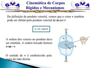 Cinemática de Corpos
Rígidos e Mecanismos
Da definição de produto vetorial, vemos que o vetor v também
pode ser obtido pelo produto vetorial de ω por r
rωrv ×== 
O sentido de v é estabelecido pela
regra da mão direita
A ordem dos vetores no produto deve
ser mantida. A ordem trocada fornece
r×ω=-v
 