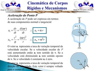 Cinemática de Corpos
Rígidos e Mecanismos
Aceleração do Ponto P
A aceleração de P pode ser expressa em termos
de suas componentes normal e tangencial
ra
dt
rd
dt
dv
a tt α=∴
ω
==
)(
O vetor at representa a taxa de variação temporal da
velocidade escalar. Se a velocidade escalar de P
está aumentando então at tem sentido de v. Se a
velocidade está diminuindo at tem sentido oposto
de v. Se a velocidade é constante at é zero.
O vetor an representa a taxa de variação temporal da
direção da velocidade. Este vetor é sempre voltado
para o centro O.
ra
r
rv
a nn
2
22
)(
ω=∴
ω
=
ρ
=
 