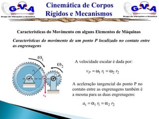 Cinemática de Corpos
Rígidos e Mecanismos
Características do Movimento em alguns Elementos de Máquinas
2211 rrvP ω=ω=
A velocidade escalar é dada por:
A aceleração tangencial do ponto P no
contato entre as engrenagens também é
a mesma para as duas engrenagens:
2211 rrat α=α=
Características do movimento de um ponto P localizado no contato entre
as engrenagens
 