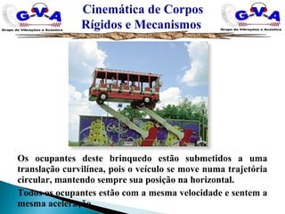 Cinemática de Corpos
Rígidos e Mecanismos
Os ocupantes deste brinquedo estão submetidos a uma
translação curvilínea, pois o veículo se move numa trajetória
circular, mantendo sempre sua posição na horizontal.
Todos os ocupantes estão com a mesma velocidade e sentem a
mesma aceleração.
 