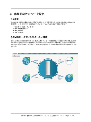 SX1302 屋外8ch. LoRaWANゲートウェイ DLOS8N マニュアル Page 14 / 60
3. 典型的なネットワーク設定
3.1 概要
DLOS8N は、さまざまな環境に対応できるよう柔軟なネットワーク設定をサポートしています。このセクションでは、
典型的なネットワークトポロジーを説明します。ネットワークセットアップには以下のものがあります：
• WAN ポート インターネットモード
• WiFi クライアントモード
• WiFi APモード
• セルラーモード
3.2 WANポートを使ってインターネット接続
デフォルトでは、DLOS8NはWANポートを使って上流のネットワークに接続するように設定されています。DLOS8N
のWANポートを上流ルーターに接続すると、DLOS8NはルーターからIPアドレスを取得し、上流ルーター経由でイン
ターネットにアクセスできるようになります。ネットワークの状態は、DLOS8Nの管理ホームページで確認することが
できます。
 
