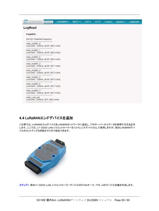 SX1302 屋外8ch. LoRaWANゲートウェイ DLOS8N マニュアル Page 26 / 60
4.4 LoRaWANエンドデバイスを追加
この章では、LoRaWAN EndデバイスをLoRaWANネットワークに追加し、TTNサーバーからデータを参照する方法を示
します。ここでは、LT-22222 LoRa I/Oコントローラーをリファレンスデバイスとして使用しますが、他のLoRaWANデバ
イスのセットアップも同様のやり方で設定できます。
ステップ1: 例のLT-22222-LoRa I/OコントローラーデバイスのOTAAキーで、TTN v3のデバイス定義を作成します。
 