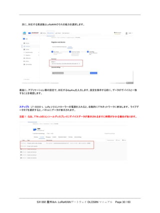 SX1302 屋外8ch. LoRaWANゲートウェイ DLOS8N マニュアル Page 30 / 60
次に、対応する周波数とLoRaWANクラスの能力を選択します。
最後に、アプリケーション層の設定で、対応するAppKeyを入力します。設定を保存する前に、データがデバイスと一致
することを確認します。
ステップ2: LT-22222-L LoRa I/Oコントローラーの電源を入れると、自動的にTTNネットワークに参加します。 ライブデ
ータタブを選択すると、パネルにデータが表示されます。
注記！：なお、TTN v3のコンソールディスプレイにデバイスデータが表示されるまでに時間がかかる場合があります。
 