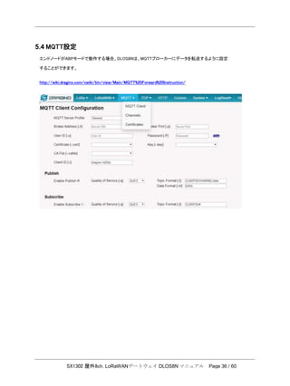 SX1302 屋外8ch. LoRaWANゲートウェイ DLOS8N マニュアル Page 36 / 60
5.4 MQTT設定
エンドノードがABPモードで動作する場合、DLOS8Nは、MQTTブローカーにデータを転送するように設定
することができます。
http://wiki.dragino.com/xwiki/bin/view/Main/MQTT%20Forward%20Instruction/
 