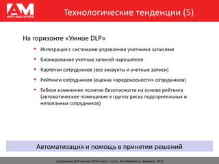 Технологические тенденции (5)
«Сравнение DLP-систем 2014 (часть 1 и 2)», Anti-Malware.ru, февраль 2014
На горизонте «Умное DLP»
 Интеграция с системами управления учетными записями
 Блокирование учетных записей нарушителя
 Карточки сотрудников (все эккаунты и учетные записи)
 Рейтинги сотрудников (оценка «вредоносности» сотрудников)
 Гибкое изменение политик безопасности на основе рейтинга
(автоматическое помещение в группу риска подозрительных и
нелояльных сотрудников)
Автоматизация и помощь в принятии решений
 