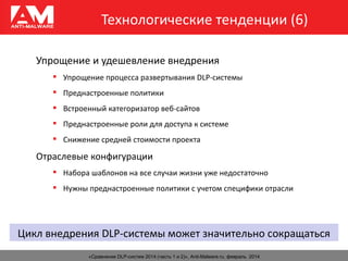 Технологические тенденции (6)
«Сравнение DLP-систем 2014 (часть 1 и 2)», Anti-Malware.ru, февраль 2014
Упрощение и удешевление внедрения
 Упрощение процесса развертывания DLP-системы
 Преднастроенные политики
 Встроенный категоризатор веб-сайтов
 Преднастроенные роли для доступа к системе
 Снижение средней стоимости проекта
Отраслевые конфигурации
 Набора шаблонов на все случаи жизни уже недостаточно
 Нужны преднастроенные политики с учетом специфики отрасли
Цикл внедрения DLP-системы может значительно сокращаться
 