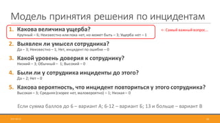 Модель	принятия	решения	по	инцидентам
2017-09-12 41
1. Какова	величина	ущерба?
Крупный	– 6;	Неизвестно	или	пока	нет,	но	может	быть	– 3;	Ущерба	нет	– 1
2. Выявлен	ли	умысел	сотрудника?	
Да	– 3;	Неизвестно	– 1;	Нет,	инцидент	по	ошибке	– 0
3. Какой	уровень	доверия	к	сотруднику?
Низкий	– 3;	Обычный	– 1;	Высокий	– 0
4. Были	ли	у	сотрудника	инциденты	до	этого?	
Да	– 2;	Нет	– 0
5. Какова	вероятность,	что	инцидент	повториться	у	этого	сотрудника?
Высокая	– 3;	Средняя	(скорее	нет,	маловероятно)	– 1;	Низкая	– 0
Если	сумма	баллов	до	6	– вариант	А;	6-12	– вариант	Б;	13	и	больше	– вариант	В
<- Самый	важный	вопрос…
 