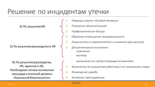 Решение	по	инцидентам	утечки
2017-09-12 42
1. Перевод	в	группу	«Особый	контроль»
2. Получение	объяснительной
3. Профилактическая	беседа
4. Обучение	и	повышение	осведомленности
5. Лишение	благ	и	привилегий (втч	и	лишение	прав	доступа)
6. Дисциплинарные	взыскания:
◦ замечание
◦ выговор
◦ увольнение	по	соответствующим	основаниям	
7. Увольнение	по	инициативе	работника	/	по	соглашению	сторон
8. Возмещение	ущерба
9. Уголовное	преследование
10. Прочее
Б)	По	решению	руководства	и	HR
В)	По	решению	руководства,
HR,	юристов	и	ИБ.	
Необходимо	четкое	понимание	
процедур	и	высокий	уровень	
«бумажной	безопасности»
А)	По	решению	ИБ
 