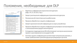 Положения,	необходимые	для	DLP
2017-09-12 56
1. Перечень	информации	ограниченного	доступа	
(ПДн,	КТ,	СТ,	БТ,	ВТ,	и	пр.)
2. Запрет	разглашения	информации	ограниченного	доступа
3. Положения	об	ответственности	работников
4. Правила	обработки	и	защиты	информации
5. Запрет	хранения	личной	информации	на	корп.устройствах
6. Правила	обработки	и	защиты	информации	регулярно	контролируются	
с	использованием	средств	мониторинга
7. Сотрудники	подразделения	ИБ	обеспечивают	контроль	выполнения	
правил	и	реагирование	на	инциденты	ИБ
8. Система	защиты	информации	соответствует	актуальным	угрозам,	а	
также	требованиям	и	рекомендация	регулирующих	органов
 