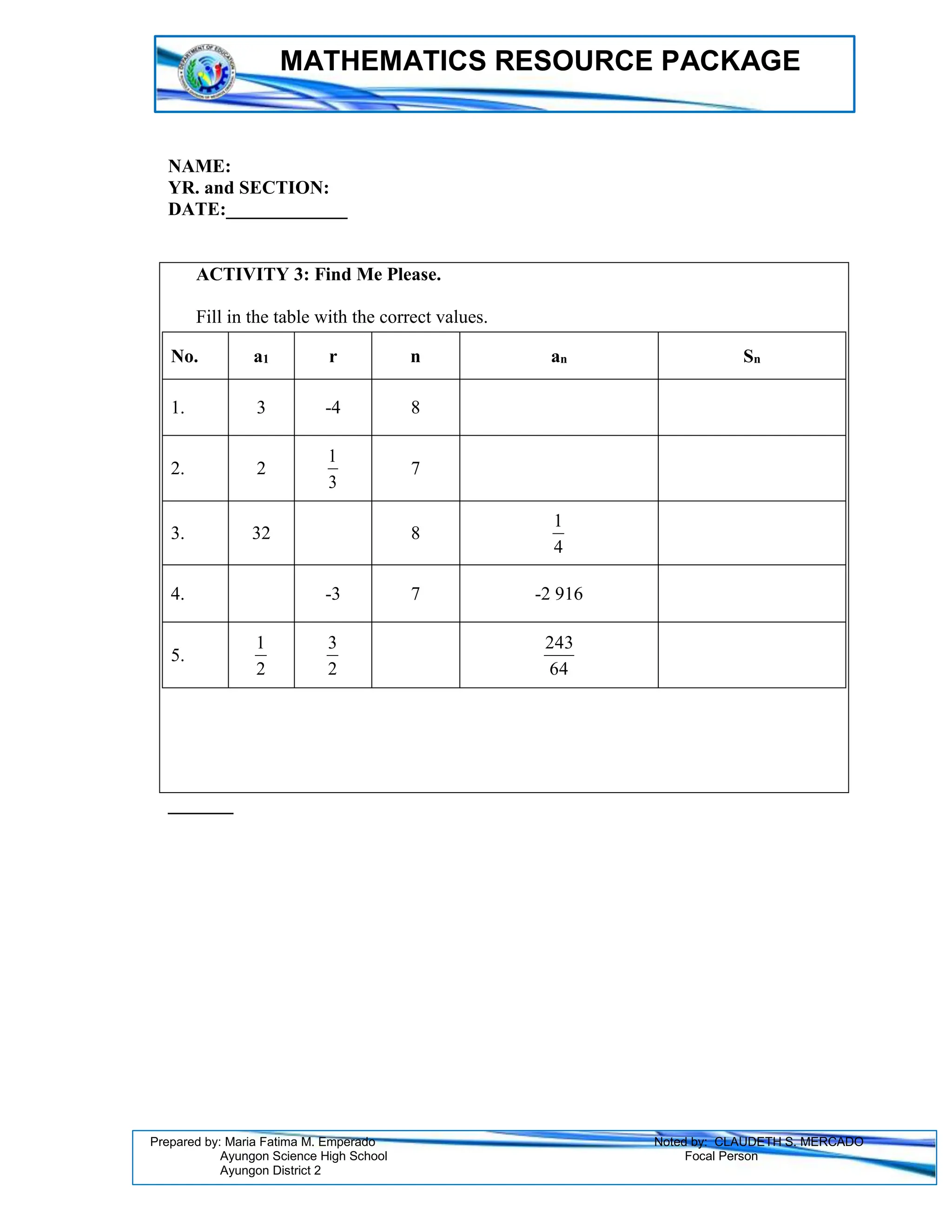 MATHEMATICS RESOURCE PACKAGE
Prepared by: Maria Fatima M. Emperado Noted by: CLAUDETH S. MERCADO
Ayungon Science High School Focal Person
Ayungon District 2
NAME:
YR. and SECTION:
DATE:_____________
ACTIVITY 3: Find Me Please.
Fill in the table with the correct values.
No. a1 r n an Sn
1. 3 -4 8
2. 2
3
1
7
3. 32 8
4
1
4. -3 7 -2 916
5.
2
1
2
3
64
243
_______
 
