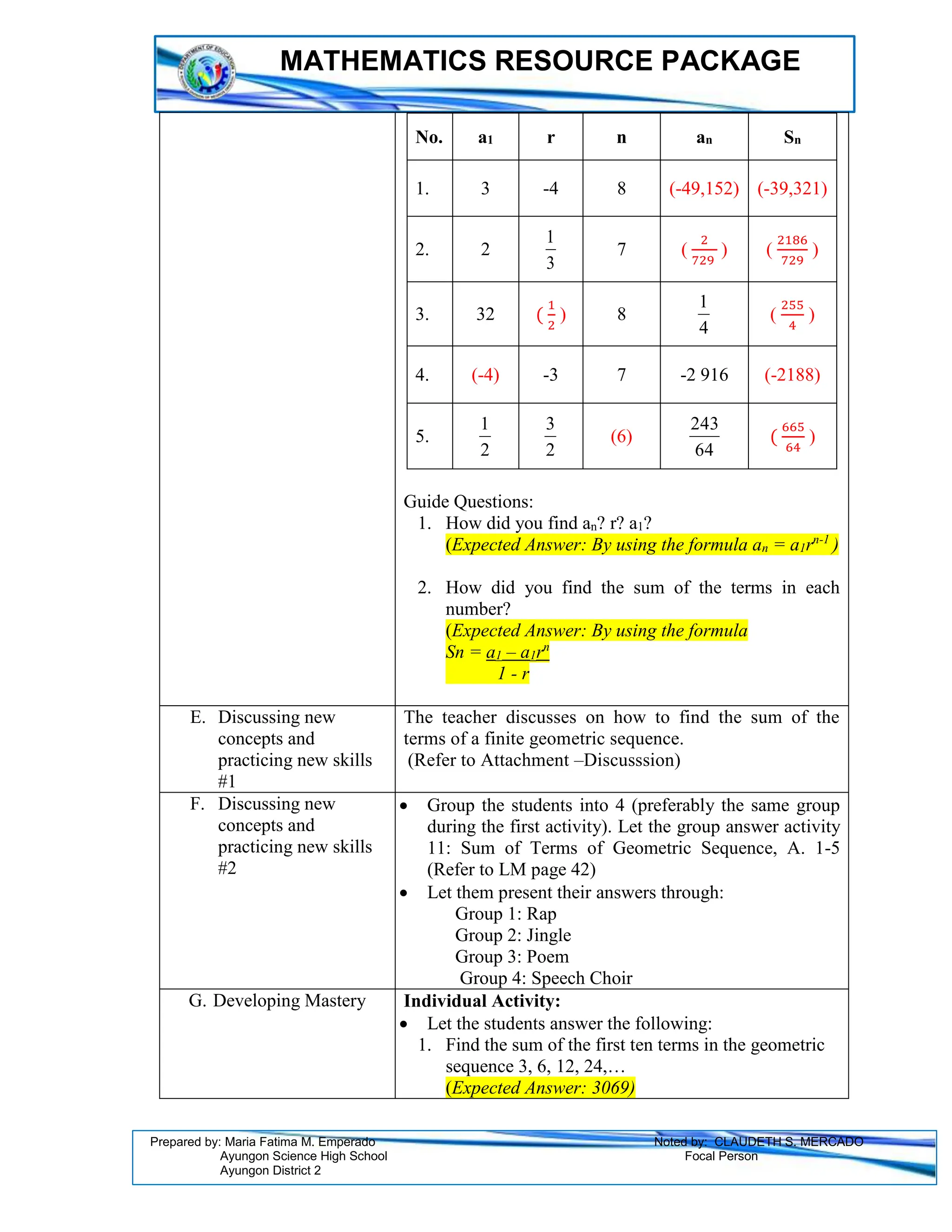 MATHEMATICS RESOURCE PACKAGE
Prepared by: Maria Fatima M. Emperado Noted by: CLAUDETH S. MERCADO
Ayungon Science High School Focal Person
Ayungon District 2
Guide Questions:
1. How did you find an? r? a1?
(Expected Answer: By using the formula an = a1rn-1
)
2. How did you find the sum of the terms in each
number?
(Expected Answer: By using the formula
Sn = a1 – a1rn
1 - r
No. a1 r n an Sn
1. 3 -4 8 (-49,152) (-39,321)
2. 2
3
1
7 (
2
729
) (
2186
729
)
3. 32 (
1
2
) 8
4
1
(
255
4
)
4. (-4) -3 7 -2 916 (-2188)
5.
2
1
2
3
(6)
64
243
(
665
64
)
E. Discussing new
concepts and
practicing new skills
#1
The teacher discusses on how to find the sum of the
terms of a finite geometric sequence.
(Refer to Attachment –Discusssion)
F. Discussing new
concepts and
practicing new skills
#2
 Group the students into 4 (preferably the same group
during the first activity). Let the group answer activity
11: Sum of Terms of Geometric Sequence, A. 1-5
(Refer to LM page 42)
 Let them present their answers through:
Group 1: Rap
Group 2: Jingle
Group 3: Poem
Group 4: Speech Choir
G. Developing Mastery Individual Activity:
 Let the students answer the following:
1. Find the sum of the first ten terms in the geometric
sequence 3, 6, 12, 24,…
(Expected Answer: 3069)
 