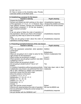 d. (16 ÷ 4) × 3 =
B. Have a review on the divisibility rules. Provide
exercises written on the flash cards.
B. Establishing a purpose for the lesson
Teacher’s Activity Pupil’s Activity
Present the Problem:
Richard and Robert are both working on the value
of the expression: 2 + 4 x 3 – 6 ÷ 2. However, they
have different answers. Richard and answered 6
while Robert answered 11. Of the two students,
who answered correctly?
Ask:
If we are going to follow the order of operation in
the expression, what do you think is the answer?
Is there any other way to solve for the answer?
Say:
Today we are going to learn about the order of
operations involving integers.
-Unsatisfactory response
-Analyze the problem and tries
to sole for the correct answer.
Unsatisfactory response
Unsatisfactory response
C. Presenting examples/instances of the new lesson
Teacher’s Activity Pupil’s Activity
Ask:
From the expression presented, what operation
comes first?
Second?
What are we going to do in order to solve for the
right answer for the expression?
What number are we going to multiply?
What operation are we going to perform next after
multiplying 4 and 3?
What number are we going to divide?
Are we going to divide 6 and 2? Yes or no?
Explain:
In a series of operations without grouping symbols,
multiplication ang division are performed first from
left to right, followed by addition and subtraction,
whichever comes first from left to right.
Show the solution on the board:
To solve 2 + 4 x 3 – 6 ÷ 2
Multiplication: 2 + (4 x 3) – 6 ÷ 2
Division: 2 + 12 – (6 ÷ 2)
Addition: (2 + 12) – 3
Subtraction: 14 – 3
Answer: 11
Ask: Who got the correct answer?
What do you observed about the order of operation
that we performed in finding the correct answer for
the expression?
Are you familiar with the GEMDAS rule?
Addition
Multiplication
Perform multiplication first
4 and 3
Division
Yes
Shall take down note in their
notebooks
Robert
We use the MDAS rule
Unsatisfactory response
 