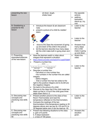 presenting the new
lesson
sit down, laugh,
shake head
the opposite
actions
 walking
backward,
stand up, cry,
nod
B. Establishing a
purpose for the
lesson
 Introduce the lesson & set classroom
rules
 present a picture of a child & a ladder/
stairs
 show to the class the movement of going
up and down of the child in the picture
 let the learners describe how many steps
did the child make both in going down and
up.
 Listen to the
teacher
 Listen to the
teacher
 Answers how
many steps
did a child
make in going
up and down.
C. Presenting
examples/instances
of the new lesson.
 Have the learners watch a video about
integers that represent a situation.
 https://www.youtube.com/watch?v=uopjGTZdj64
 Present a number line.
 Describe a number line…
-Tell what is in the number line,
- the numbers in the number line are called
integers.
- define integers
- that a number line has two sides to the
right is the positive integers and to its left are
the negative integers.
 Go back to the picture of a child
 Discuss to the class that if the child made two
steps up that is +2 but if the child goes three
steps down that is -3.
 Watch the
video
 Listen to the
teacher
D. Discussing new
concepts and
practicing new skills
#1
 Present another picture to the class of two
Room Thermometer and read the
temperature reflected on the thermometers.
 Compare the readings of the two
thermometers if the temperature reading is 35
degrees above zero we say its +35 and if it is
35 degrees below zero it can be read as -35.
 Listen to the
teacher
E. Discussing new
concepts and
practicing new skills
#2
 Present the following situations to the class
a. gain of 5 points
b. 8 steps backward
c. a loss of 100 pesos
 Answers the
situation
given.
 