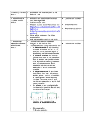 presenting the new
lesson
 Review on the different parts of the
Number Line
B. Establishing a
purpose for the
lesson
 Introduce the lesson to the learners
and your objectives.
 Set classroom rules
 Present a video about the number line
https://www.youtube.com/watch?v=o3kIi
8g3mwI) or
(https://www.youtube.com/watch?v=vTfq
gqkBges)
 Have a little review on the video
presentation.
 Ask some questions about the video
 Listen to the teacher
 Watch the video
 Answer the questions
C. Presenting
examples/instance
s of the new
lesson.
 Teacher discuss how represent
integers in the number line
 Teacher explains using the number line
- A whole number is any counting
number. Numbers, like 1/2 or .75,
that you use to describe a part of
something are not whole numbers.
- A positive number is a number
greater than zero. It can be written
with or without a + symbol in front
of it. A gain in something is written
with a positive number. Profit,
increase, and income are all
examples of words that mean
positive.
- A negative number is a number
that is less than zero. It is always
written with a - symbol in front of it.
A loss is written with a negative
number. Decrease, spend, and
decline are examples of words that
mean negative.
- An integer is any positive whole
number or its negative. Zero is also
considered an integer.
-
- Give examples
1. 2 units right of 4
 Listen to the teacher
 