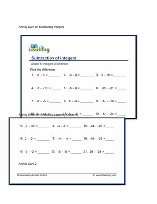 Activity Card on Subtracting Integers
Activity Sheet for Evaluating Learning Outcome
Activity Card 2
 