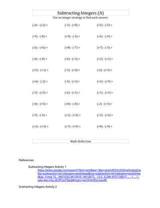 References:
Subtracting Integers Activity 1
https://www.google.com/search?tbm=isch&sa=1&ei=aUjmXOrXJIX2hwOo4pgCw
&q=subtraction+of+intergers+worksheet&oq=subtraction+of+intergers+workshee
t&gs_l=img.12...4401232.4410410..4412673...12.0..0.246.4757.0j6j17......1....1..
gws-wiz-img.JEcfFLeYSqQ#imgrc=wU3HxnPpLtxavM:
Subtracting Integers Activity 2
 