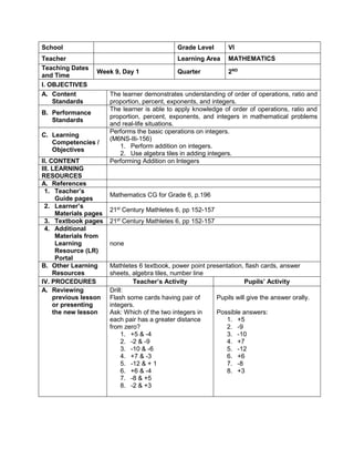 School Grade Level VI
Teacher Learning Area MATHEMATICS
Teaching Dates
and Time
Week 9, Day 1 Quarter 2ND
I. OBJECTIVES
A. Content
Standards
The learner demonstrates understanding of order of operations, ratio and
proportion, percent, exponents, and integers.
B. Performance
Standards
The learner is able to apply knowledge of order of operations, ratio and
proportion, percent, exponents, and integers in mathematical problems
and real-life situations.
C. Learning
Competencies /
Objectives
Performs the basic operations on integers.
(M6NS-IIi-156)
1. Perform addition on integers.
2. Use algebra tiles in adding integers.
II. CONTENT Performing Addition on Integers
III. LEARNING
RESOURCES
A. References
1. Teacher’s
Guide pages
Mathematics CG for Grade 6, p.196
2. Learner’s
Materials pages
21st
Century Mathletes 6, pp 152-157
3. Textbook pages 21st
Century Mathletes 6, pp 152-157
4. Additional
Materials from
Learning
Resource (LR)
Portal
none
B. Other Learning
Resources
Mathletes 6 textbook, power point presentation, flash cards, answer
sheets, algebra tiles, number line
IV. PROCEDURES Teacher’s Activity Pupils’ Activity
A. Reviewing
previous lesson
or presenting
the new lesson
Drill:
Flash some cards having pair of
integers.
Ask: Which of the two integers in
each pair has a greater distance
from zero?
1. +5 & -4
2. -2 & -9
3. -10 & -6
4. +7 & -3
5. -12 & + 1
6. +6 & -4
7. -8 & +5
8. -2 & +3
Pupils will give the answer orally.
Possible answers:
1. +5
2. -9
3. -10
4. +7
5. -12
6. +6
7. -8
8. +3
 