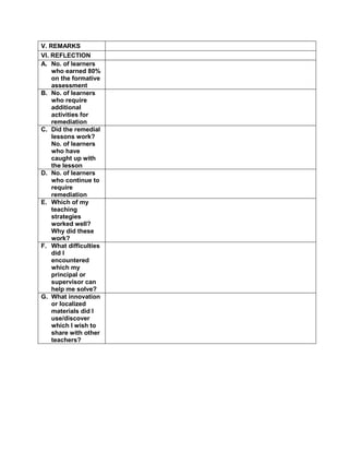 V. REMARKS
VI. REFLECTION
A. No. of learners
who earned 80%
on the formative
assessment
B. No. of learners
who require
additional
activities for
remediation
C. Did the remedial
lessons work?
No. of learners
who have
caught up with
the lesson
D. No. of learners
who continue to
require
remediation
E. Which of my
teaching
strategies
worked well?
Why did these
work?
F. What difficulties
did I
encountered
which my
principal or
supervisor can
help me solve?
G. What innovation
or localized
materials did I
use/discover
which I wish to
share with other
teachers?
 