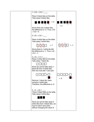 1. (+5) – (+2) = ____
Place 5 black tiles on the table.
Take away 2 black tiles.
= +3
Since there are 3 black tiles,
the difference is +3. Thus, (+5)
- (+2) = 3.
2. (-4) – (-3) = ____
Place 4 white tiles on the table.
Take away 3 white tiles.
= -1
Since there is 1 white tile left,
the difference is -1. Thus, (-4) -
(-3) = -1.
3. (-4) – (+1) = ____
Place 4 white tiles on the table.
Take away 1 black tile.
Since we cannot take away 1
black tile from 4 white tiles,
then we must add 1 zero pair.
+
Remove 1 black tile, there
remains 5 white tiles.
Therefore, the difference is -5.
4. +3 – (-5) = ____
Place 3 black tiles on the table.
Take away 5 white tiles.
Since we cannot take away 5
white tiles from 3 black tiles, we
have to add 5 zero pairs
without changing the value of
= 3
= -1
+
= -5
 