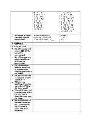 2) -7 - 4 =
3) 12 - (-17) =
4) 12 - 17 =
5) -9 – (-1) =
6) 6 - 9 =
7) -14 - 5 =
8) 6 - 5 – 2 =
9) (-18) - 0 =
10) 13 - 3 =
1) 13 - 4 = 9
2) -7 - 4 = -11
3) 12 - (-17) = 29
4) 12 - 17 = -5
5) -9 – (-1) = -8
6) 6 - 9 = -3
7) -14 - 5 = -19
8) 6 - 5 – 2 = -1
9) (-18) - 0 = -18
10) 13 - 3 = 10
T. Additional activities
for application or
remediation
Answer the following.
1. Subtract 6 from -15.
2. 8 + (-2) – 9 – (-7) = ___.
Answers:
1. -22
2. 4
V. REMARKS
VI. REFLECTION
H. No. of learners who
earned 80% on the
formative
assessment
I. No. of learners who
require additional
activities for
remediation
J. Did the remedial
lessons work? No.
of learners who
have caught up with
the lesson
K. No. of learners who
continue to require
remediation
L. Which of my
teaching strategies
worked well? Why
did these work?
M. What difficulties did
I encountered which
my principal or
supervisor can help
me solve?
N. What innovation or
localized materials
did I use/discover
which I wish to
share with other
teachers?
 