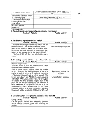 IV.
PROCEDURES:
A. Reviewing previous lesson of presenting the new lesson
Teacher’s Activity Pupil’s Activity
B. Establishing a purpose for the lesson
Teacher’s Activity Pupil’s Activity
The pupils of Lundagin Elementary School had an
educational trip. One of the places they visited
was Lukban, Quezon. While the group was going
around the place the attention of some pupils was
caught by the signs in one of the stalls. 15% off,
10% off, and 12% off. Can you tell what the signs
mean?
Unsatisfactory Response
C. Presenting examples/instances of the new lesson
Teacher’s Activity Pupil’s Activity
Present the problem:
Allow the pupils to read the problem aloud. Then
give them time to read it silently.
Fritz is selling ethnic sandals from his father’s
factory. One day, he decided to rent a stall in a
market to sell his products. A costumer can get a
10% discount for each pair of ethnic sandals if he
buys 3 pairs. Each cost ₱1,000.00, each exclusive
of the 12% VAT (Value Added Tax). For every pair
of sandals that Fritz can sell, he gets 40% of the
profit and the rest will be used for the payment of
other expenses. If he gets his sandals from his
father’s factory at 650.00 each, how much is Fritz’s
total gain amount if he sells 120 ethnic sandals?
How much will be remitted to BIR for the 12% vat?
Reads and analyze the
problem
Unsatisfactory response
D. Discussing new concepts and practicing new skills #1
Teacher’s Activity Pupil’s Activity
Group Activity:
Let the pupils discuss the presented problem
among their groupmates, guide them in finding the
answer.
1. Teacher’s Guide pages
Lesson Guide in Mathematics Grade 6 pp., 332-
336
2. Learner’s Materials pages
3. Textbook pages 21st
Century Mathletes, pp. 130-144
4Additional Materials from
Learning Resource
(LR) portal
B. Other Learning
Resources
 