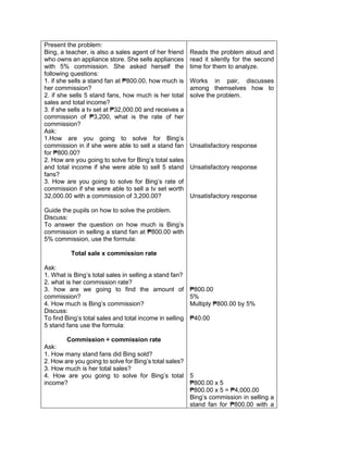 Present the problem:
Bing, a teacher, is also a sales agent of her friend
who owns an appliance store. She sells appliances
with 5% commission. She asked herself the
following questions:
1. if she sells a stand fan at ₱800.00, how much is
her commission?
2. if she sells 5 stand fans, how much is her total
sales and total income?
3. if she sells a tv set at ₱32,000.00 and receives a
commission of ₱3,200, what is the rate of her
commission?
Ask:
1.How are you going to solve for Bing’s
commission in if she were able to sell a stand fan
for ₱800.00?
2. How are you going to solve for Bing’s total sales
and total income if she were able to sell 5 stand
fans?
3. How are you going to solve for Bing’s rate of
commission if she were able to sell a tv set worth
32,000.00 with a commission of 3,200.00?
Guide the pupils on how to solve the problem.
Discuss:
To answer the question on how much is Bing’s
commission in selling a stand fan at ₱800.00 with
5% commission, use the formula:
Total sale x commission rate
Ask:
1. What is Bing’s total sales in selling a stand fan?
2. what is her commission rate?
3. how are we going to find the amount of
commission?
4. How much is Bing’s commission?
Discuss:
To find Bing’s total sales and total income in selling
5 stand fans use the formula:
Commission ÷ commission rate
Ask:
1. How many stand fans did Bing sold?
2. How are you going to solve for Bing’s total sales?
3. How much is her total sales?
4. How are you going to solve for Bing’s total
income?
Reads the problem aloud and
read it silently for the second
time for them to analyze.
Works in pair, discusses
among themselves how to
solve the problem.
Unsatisfactory response
Unsatisfactory response
Unsatisfactory response
₱800.00
5%
Multiply ₱800.00 by 5%
₱40.00
5
₱800.00 x 5
₱800.00 x 5 = ₱4,000.00
Bing’s commission in selling a
stand fan for ₱800.00 with a
 