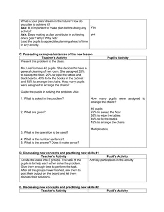 What is your plan/ dream in the future? How do
you plan to achieve it?
Ask: Is it important to make plan before doing any
activity?
Ask: Does making a plan contribute in achieving
one’s goal? Why? Why not?
Lead the pupils to appreciate planning ahead of time
in any activity.
Yes
yes
C. Presenting examples/instances of the new lesson
Teacher’s Activity Pupil’s Activity
Present this problem to the class:
Ms. Losinio have 40 pupils. She decided to have a
general cleaning of her room. She assigned 25%
to sweep the floor, 20% to wipe the tables and
blackboards, 40% to fix the books in the cabinet
and 15% to arrange the chairs. How many pupils
were assigned to arrange the chairs?
Guide the pupils in solving the problem. Ask:
1. What is asked in the problem?
2. What are given?
3. What is the operation to be used?
4. What is the number sentence?
5. What is the answer? Does it make sense?
How many pupils were assigned to
arrange the chairs?
40 pupils
25% to sweep the floor
20% to wipe the tables
40% to fix the books
15% to arrange the chairs
Multiplication
D. Discussing new concepts and practicing new skills #1
Teacher’s Activity Pupil’s Activity
Divide the class into 5 groups. The task of the
pupils is to help each other solve the problem.
Give them enough time to perform the task.
After all the groups have finished, ask them to
post their output on the board and let them
discuss their solutions.
Actively participates in the activity
E. Discussing new concepts and practicing new skills #2
Teacher’s Activity Pupil’s Activity
 