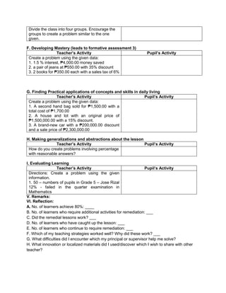 Divide the class into four groups. Encourage the
groups to create a problem similar to the one
given.
F. Developing Mastery (leads to formative assessment 3)
Teacher’s Activity Pupil’s Activity
Create a problem using the given data:
1. 1.5 % interest, ₱4,000.00 money saved
2. a pair of jeans at ₱550.00 with 35% discount
3. 2 books for ₱350.00 each with a sales tax of 6%
G. Finding Practical applications of concepts and skills in daily living
Teacher’s Activity Pupil’s Activity
Create a problem using the given data:
1. A second hand bag sold for ₱1,500.00 with a
total cost of ₱1,700.00
2. A house and lot with an original price of
₱1,500,000.00 with a 15% discount.
3. A brand-new car with a ₱200,000.00 discount
and a sale price of ₱2,300,000.00
H. Making generalizations and abstractions about the lesson
Teacher’s Activity Pupil’s Activity
How do you create problems involving percentage
with reasonable answers?
I. Evaluating Learning
Teacher’s Activity Pupil’s Activity
Directions: Create a problem using the given
information.
1. 50 – numbers of pupils in Grade 5 – Jose Rizal
12% - failed in the quarter examination in
Mathematics
V. Remarks:
VI. Reflection:
A. No. of learners achieve 80%: ____
B. No. of learners who require additional activities for remediation: ___
C. Did the remedial lessons work? ___
D. No. of learners who have caught up the lesson: ___
E. No. of learners who continue to require remediation: ___
F. Which of my teaching strategies worked well? Why did these work? ___
G. What difficulties did I encounter which my principal or supervisor help me solve?
H. What innovation or localized materials did I used/discover which I wish to share with other
teacher?
 