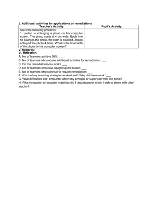 J. Additional activities for applications or remediations
Teacher’s Activity Pupil’s Activity
Solve the following problems:
1. Jordan is enlarging a photo on his computer
screen. The photo starts at 4 cm wide. Each time
he enlarges the photo, the width is doubled. Jordan
enlarged the photo 4 times. What is the final width
of the photo on his computer screen?
V. Remarks:
VI. Reflection:
A. No. of learners achieve 80%: ____
B. No. of learners who require additional activities for remediation: ___
C. Did the remedial lessons work? ___
D. No. of learners who have caught up the lesson: ___
E. No. of learners who continue to require remediation: ___
F. Which of my teaching strategies worked well? Why did these work? ___
G. What difficulties did I encounter which my principal or supervisor help me solve?
H. What innovation or localized materials did I used/discover which I wish to share with other
teacher?
 