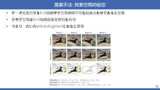 提案手法: 探索空間の設定
• データ拡張方策をK=6個のサブ方策の順不同な組み合わせであると定義
• 各サブ方策はN=6個の画像変換列を持つ
• つまり、だいたいAutoAugmentとおなじ要領
16
 