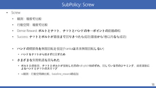 SubPolicy: Screw
• Screw
• 観測：複数で比較
• 行動空間：複数で比較
• Dense Reward: ボルトとナット、ナットとハンドのキーポイントの距離の和
• Success: ナットとボルトが最後まで回りきったら成功(最後から1巻以内なら成功)
• ハンドの関節角を無限回転と仮定(Frankaは本来無限回転しない)
• ハンドをナットから離さずに回すため
• さまざまな失敗軌道も見られた
• ボルトとの衝突、ナットとボルトが接触した際のroll-pitch軸のずれ、回している際のジャミング、歳差運動に
よるハンドとナットのスリップ
• ⇨観測・行動空間の比較、baseline_rewardの追加
18
 