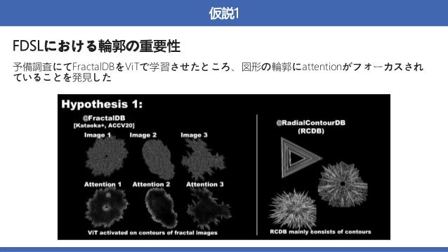 仮説1
FDSLにおける輪郭の重要性
予備調査にてFractalDBをViTで学習させたところ、図形の輪郭にattentionがフォーカスされ
ていることを発見した
 