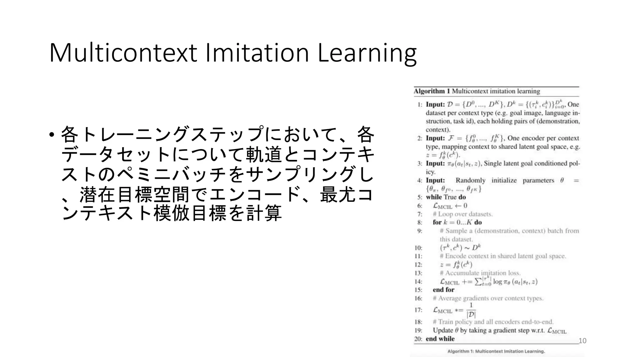 Multicontext Imitation Learning
• 各トレーニングステップにおいて、各
データセットについて軌道とコンテキ
ストのペミニバッチをサンプリングし
、潜在目標空間でエンコード、最尤コ
ンテキスト模倣目標を計算
10
 