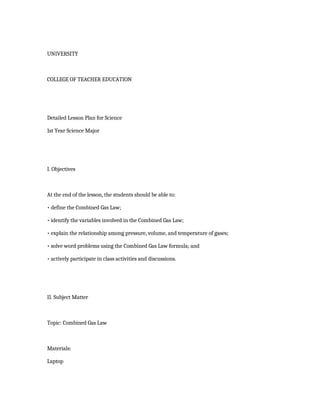 Comprehensive Science Lesson Plan on the Combined Gas Law for 1st Year ...