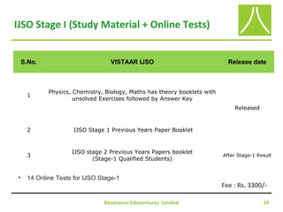 IJSO Stage I (Study Material + Online Tests)
Resonance Eduventures Limited 10
S.No. VISTAAR IJSO Release date
1
Physics, Chemistry, Biology, Maths has theory booklets with
unsolved Exercises followed by Answer Key
Released
2 IJSO Stage 1 Previous Years Paper Booklet
3
IJSO stage 2 Previous Years Papers booklet
(Stage-1 Qualified Students)
After Stage-1 Result
Fee : Rs. 3300/-
• 14 Online Tests for IJSO Stage-1
 