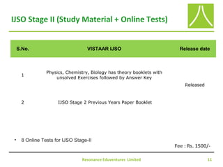 IJSO Stage II (Study Material + Online Tests)
Resonance Eduventures Limited 11
S.No. VISTAAR IJSO Release date
1
Physics, Chemistry, Biology has theory booklets with
unsolved Exercises followed by Answer Key
Released
2 IJSO Stage 2 Previous Years Paper Booklet
Fee : Rs. 1500/-
• 8 Online Tests for IJSO Stage-II
 