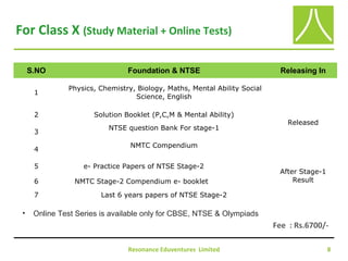 For Class X (Study Material + Online Tests)
Resonance Eduventures Limited 8
S.NO Foundation & NTSE Releasing In
1
Physics, Chemistry, Biology, Maths, Mental Ability Social
Science, English
Released
2 Solution Booklet (P,C,M & Mental Ability)
3
NTSE question Bank For stage-1
4
NMTC Compendium
5 e- Practice Papers of NTSE Stage-2
After Stage-1
Result6 NMTC Stage-2 Compendium e- booklet
7 Last 6 years papers of NTSE Stage-2
• Online Test Series is available only for CBSE, NTSE & Olympiads
Fee : Rs.6700/-
 