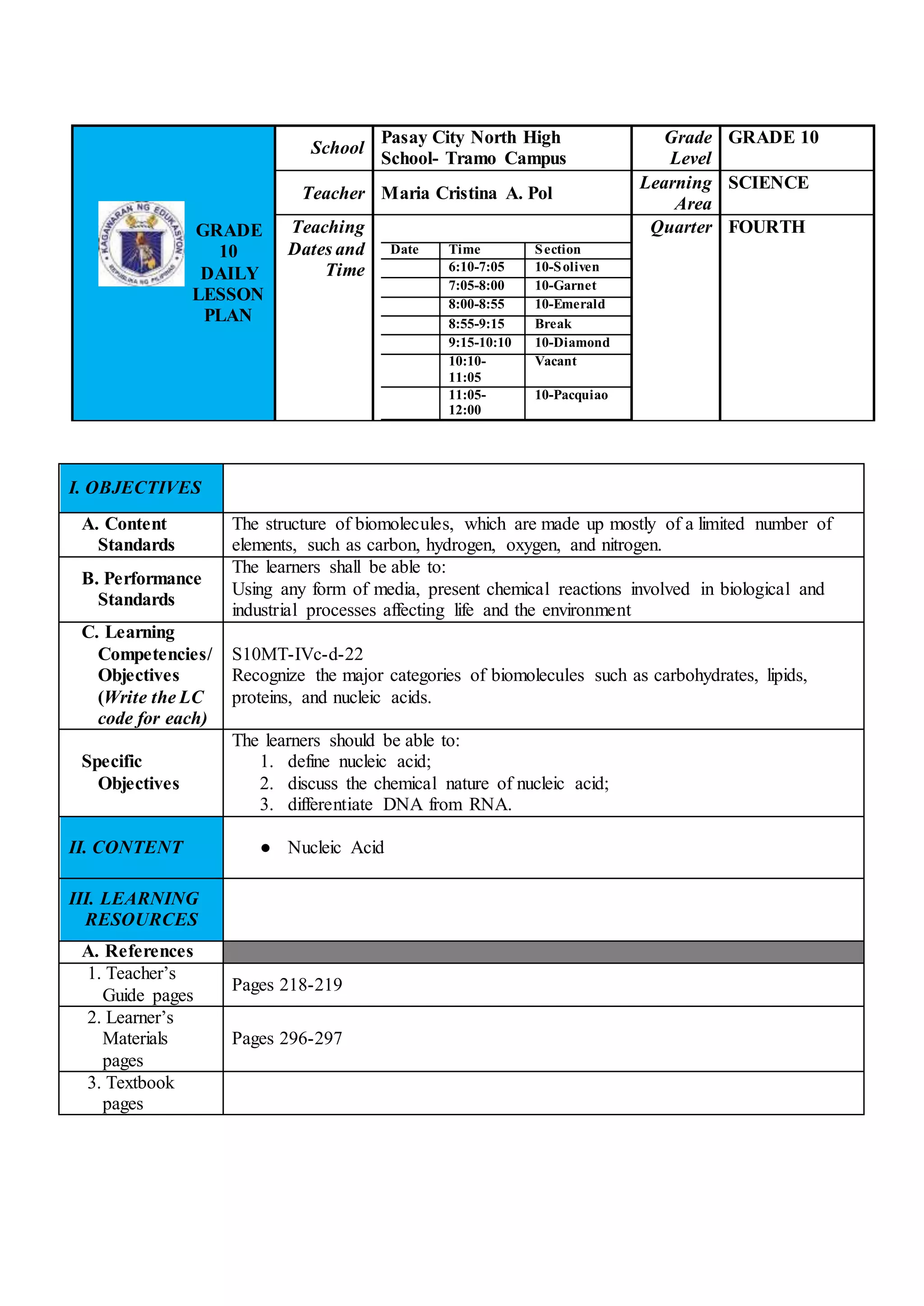 Daily Lesson Plan in Science 10 (Nucleic Acid) PDF