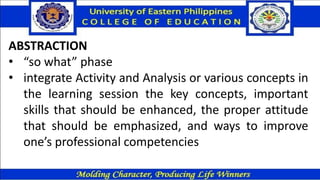 ABSTRACTION
• “so what” phase
• integrate Activity and Analysis or various concepts in
the learning session the key concepts, important
skills that should be enhanced, the proper attitude
that should be emphasized, and ways to improve
one’s professional competencies
 