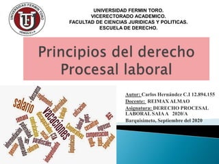 Autor: Carlos Hernández C.I 12.894.155
Docente: REIMAX ALMAO
Asignatura: DERECHO PROCESAL
LABORAL SAIAA 2020/A
Barquisimeto, Septiembre del 2020
UNIVERSIDAD FERMIN TORO.
VICERECTORADO ACADEMICO.
FACULTAD DE CIENCIAS JURIDICAS Y POLITICAS.
ESCUELA DE DERECHO.
 