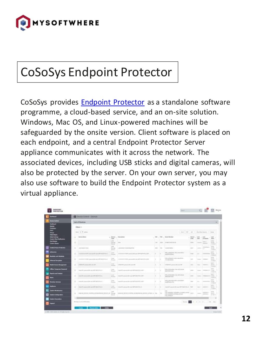 12
CoSoSys Endpoint Protector
CoSoSys provides Endpoint Protector as a standalone software
programme, a cloud-based service, and an on-site solution.
Windows, Mac OS, and Linux-powered machines will be
safeguarded by the onsite version. Client software is placed on
each endpoint, and a central Endpoint Protector Server
appliance communicates with it across the network. The
associated devices, including USB sticks and digital cameras, will
also be protected by the server. On your own server, you may
also use software to build the Endpoint Protector system as a
virtual appliance.
 