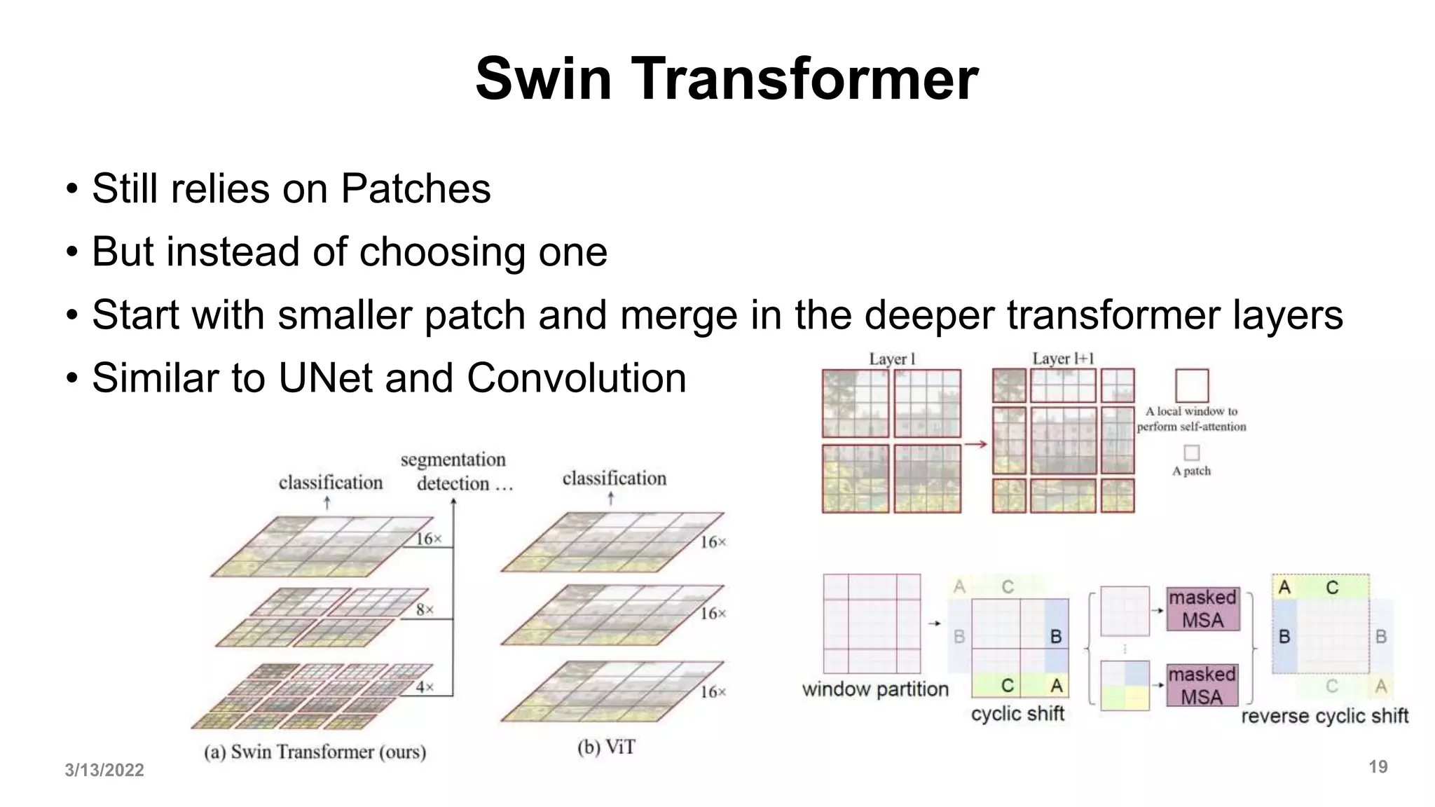 Swin Transformer
• Still relies on Patches
• But instead of choosing one
• Start with smaller patch and merge in the deeper transformer layers
• Similar to UNet and Convolution
3/13/2022 19
 