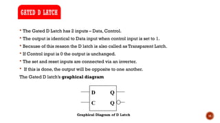11
 The Gated D Latch has 2 inputs – Data, Control.
 The output is identical to Data input when control input is set to 1.
 Because of this reason the D latch is also called as Transparent Latch.
 If Control input is 0 the output is unchanged.
 The set and reset inputs are connected via an inverter.
 If this is done, the output will be opposite to one another.
The Gated D latch’s graphical diagram
GATED D LATCH
 